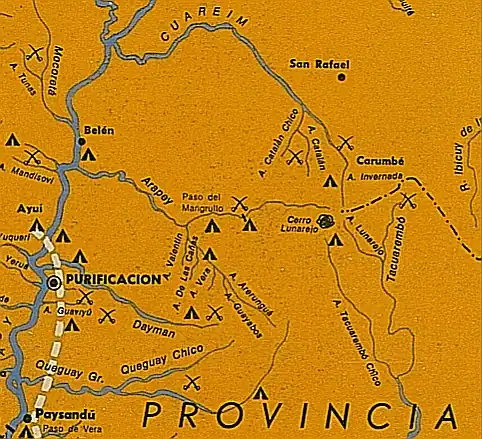 Belén, Purificación y Paysandú (a la izquierda). Arerunguá (en el centro). Se marca la existencia de campamentos y confrontación armada. Mapa semi-esquemático.