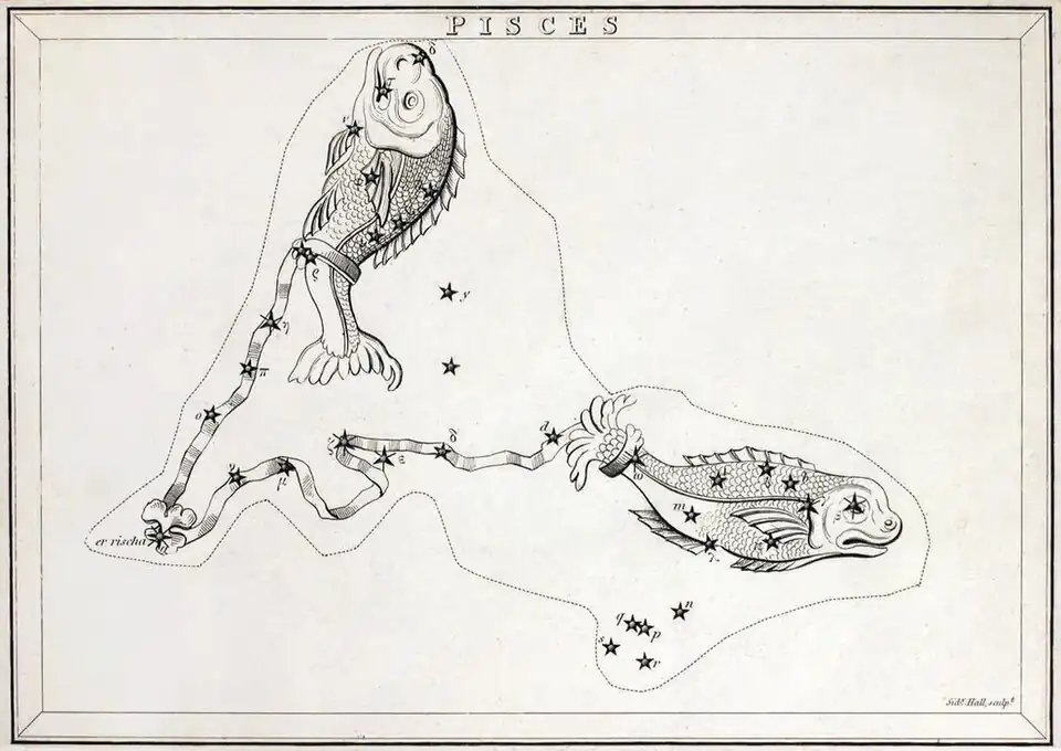 Primera edición con "Piscis" sin estrellas en las constelaciones circundantes. Presentación "Sencilla".