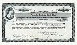 Acción del Augusta National Golf Club, emitida el 24 de septiembre de 1945, firmada en el original por Bobby Jones como Presidente