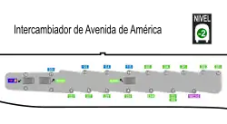 Mapa de la distribución de dársenas del intercambiador de Avenida de América con la distribución de cabeceras de las líneas de autobuses, entre las que aparece la línea 282.