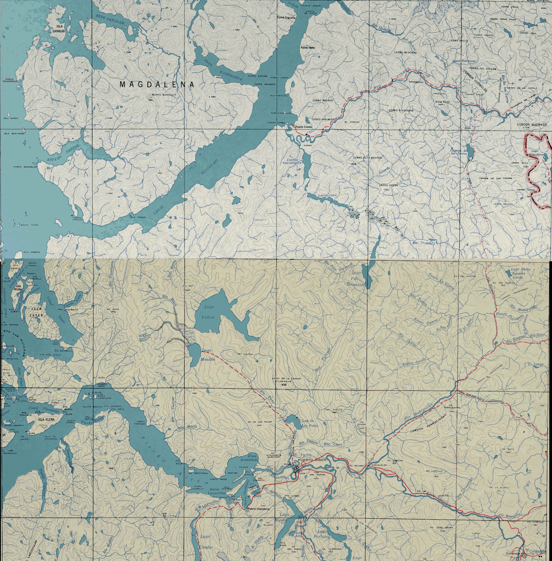 El río Uspallante en una sección de un mapa compuesto por dos mapas del Instituto Geográfico Militar de Chile publicados en 1950 y 1953, ambos en una escala de 1:250000.