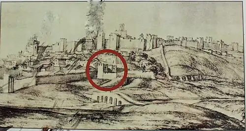Vista de Badajoz dibujada por Pier Maria Baldi en 1668; la Puerta de Mérida se encontraba entonces en su antigua posición