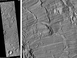 Cráter Bacolor Eyecta, visto por HiRISE. Barra de escala es de 1000 metros de largo.