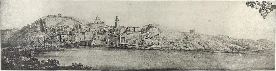 Puente de madera de Fraga hacia 1668-1669, acuarela de Pier Maria Baldi publicada en Viaje de Cosme de Médicis por España y Portugal (1668-1669) (1933)