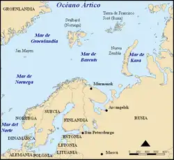 Múrmansk en mapa del mar de Barents