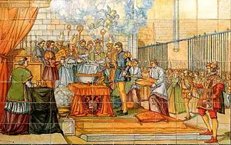 Bautizo de Felipe II en la Iglesia de San Pablo. Azulejos del zaguán del Palacio de Pimentel.