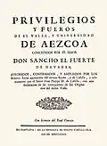 Portada clasicista de los privilegios del valle de Aézcoa (1782)