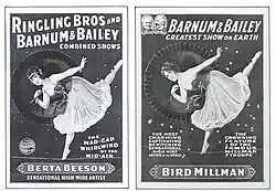 Carteles ilustrados en blanco y negro, casi idénticos, anunciando a Berta Beeson y Bird Millman