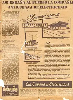En 1949, la revista Bohemia publicó una carta del jefe local de Comunicaciones de Guaracabulla, quien se quejaba de las tarifas eléctricas vigentes en el poblado.