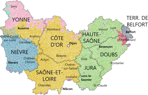 La nueva región de Borgoña-Franco-Condado (2016), con sus ocho departamentos, coloreados según las provincias históricas que existieron hasta 1790 (Borgoña, en ocre, Franche-Comté, en verde, y Nivernés, en azul)