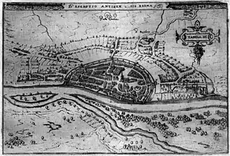 Bremen en el siglo&nbsp;XIII, todavía sin el puente Weser, el ayuntamiento y el Stephanimauer; recreación de 1603
