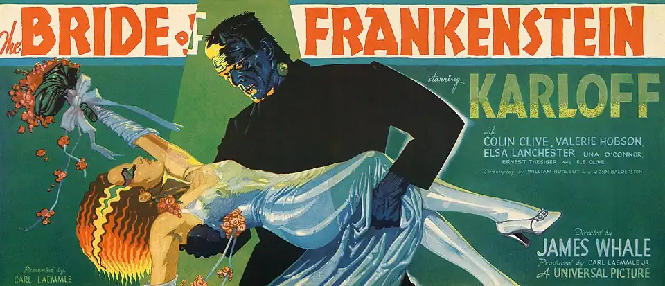 Poster illustration of Frankenstein's monster hoisting his bride