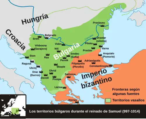 Mapa de Bulgaria durante el reinado de Samuel
