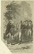 El general inglés Burgoyne rinde su espada al general estadounidense Gates tras la batalla de Saratoga, 1777.