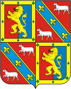 The shield from the coat of arms of the Marquis of Paraná with the arms of Leão family consisting of a golden rampant lion on an azure and red background alternating with the arms of the Carneiro family consisting of two white sheep on a red background and divided by a an azure bend containing three golden fleur-de-lis