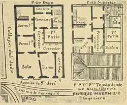 Plano de los dos pisos de la casa en donde se encontraban los autores del atentado. Grabado de E. Bravo y de Enrique Invernisio en La Locomotora.[35]​