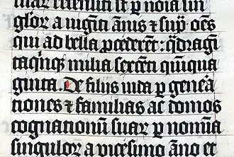 ⁊ ſup̈ oẽs = et supra omnes (2ª línea) Escritura gótica Biblia de Malmesbury, por un escriba belga de 1407