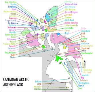 Mapa de referencia de las islas árticas canadienses. (Islas que no aparecen: isla Beechey - Archipiélago del Duque de York - isla Gateshead - isla Haig-Thomas - isla Hans - isla Killiniq - isla de Jenny Lind - islas Ottawa - Port Leopold, Prince Leopold Island and Elwin Bay - isla Skraeling - isla Trodely - isla Weston)