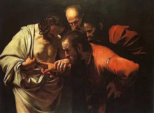 Pintura de Caravaggio, mostrando a tres hombres, entre ellos Santo Tomás, inspeccionando la herida en el pecho de Jesús.