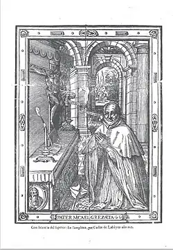 Grabado xilográfico (1617) del sacerdote de Lumbier Miguel López de Grez a los 66 años de edad