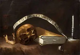 Vanitas con calavera, libro, clepsidra, filacteria y candelero, de Juan Francisco Carrión