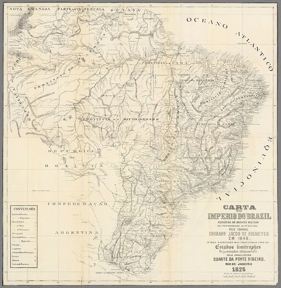 Frontera entre Brasil y el Perú en un mapa publicado por Duarte da Ponte Ribeiro (1873).
