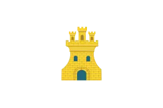 Bordura cosida de gules con ocho torres del homenaje de color oro