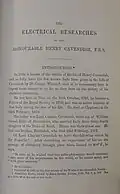 Primera página de la introducción de una copia de 1879 de "Las investigaciones eléctricas del Honorable Henry Cavendish FRS"