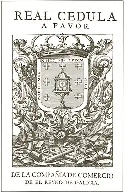 Portada de la Cédula de Comercio a favor de la Compañía de Comercio del reino de Galicia, 1734