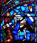 Vitral de la Vida de la Virgen. Un caballero porta el blasón de la familia de Champagne, probablemente, Thibaud VI, conde de Chartres.