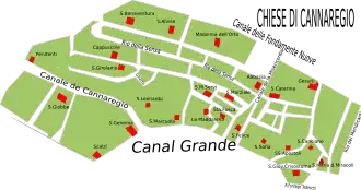 Plano de las iglesias en el sestiere de Cannaregio