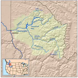 Mapa del río Clearwater —afluente del Snake— que fluye por el norte de Idaho