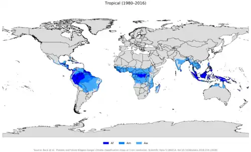 alt=Localización de los climas tropicales por subtipos según la clasificación Köppen-Geiger: Af—Clima tropical de selva o ecuatorial. Am—Clima tropical monzónico. Aw / As—Clima tropical de sabana.