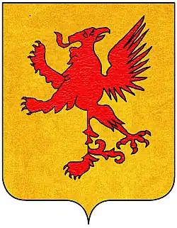 El blasón de este escudo de armas es: En oro, un león rampante atenuado con un águila recursante desplegada de gules, que significa Un fondo de oro sobre el cual aparece un león rojo rampante cortado por la mitad verticalmente a la izquierda y a la derecha un águila roja de corte similar con la espalda hacia el espectador y el ala extendida.
