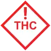Un símbolo rojo con un signo de exclamación sobre las letras "THC" dentro de un rombo cuadrado.
