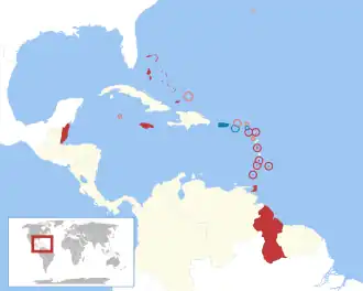 Países de la Mancomunidad del Caribe. Países independientes Territorios británicos de ultramar Otros territorios con el inglés como idioma oficial Otros países del Caribe