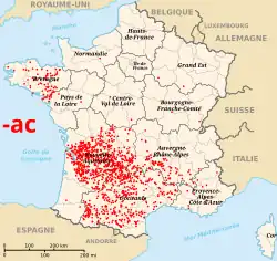 Terminaciones en -ac, derivadas de -acum, sólo en Occitania y en Bretaña.