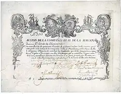 Acción de la Real Compañía de La Habana de 1747, grabado en cobre sobre pergamino. La Royal Trading Company tenía el monopolio de los productos textiles, la porcelana, el grano y la harina para su exportación a Cuba. Se importaban a la madre patria azúcar, tabaco y pieles de cuero. En los primeros 20 años, la empresa importó más de 5.000 esclavos.