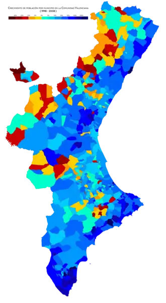 Crecimiento de la población por municipio entre 1998 y 2008