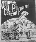 Concho Primo en una ilustración promocional de una marca de arroz, sacos en mano. Elaborada por Bienvenido Gimbernard (Listín Diario, 27 de marzo de 1923).