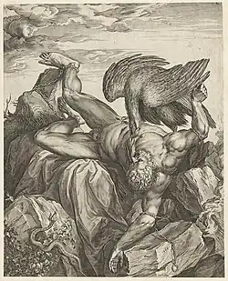 Ticio, grabado de Cornelis Cort (1566) según el diseño de Tiziano (ejemplar del grabado conservado en el Museo Nacional de Varsovia).