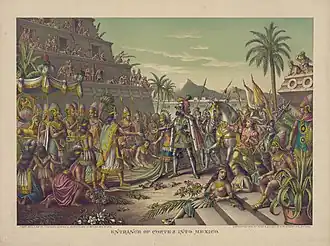 Primer encuentro entre el militar español Hernán Cortés y el emperador mexica, Moctezuma II, en 1519.