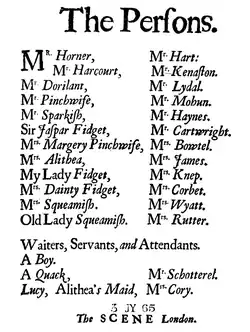 Elenco de The Country Wife de 1675.