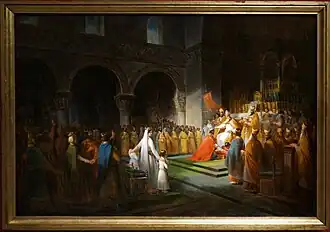 Recreación de la coronación de Pipino el Breve el domingo 28 de julio de 754 por el papa Esteban II, en la abadía real de Saint-Denis. Este hecho supuso el inicio del gobierno de la dinastía carolingia.
