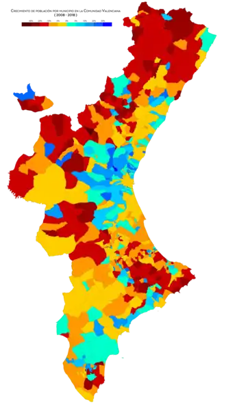Crecimiento de la población por municipio entre 2008 y 2018