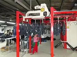 Proceso de tratamiento de la resina sobre pantalones vaqueros.