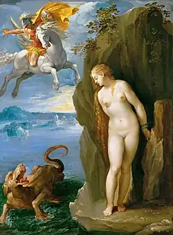 Andrómeda encadenada, del Cavaliere d'Arpino, 1594-1598, donde se representa a Pegaso como un caballo blanco.