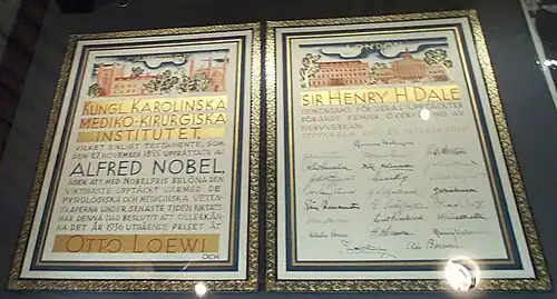 Diploma del Premio Nobel de Dale, expuesto en la Royal Society, Londres.