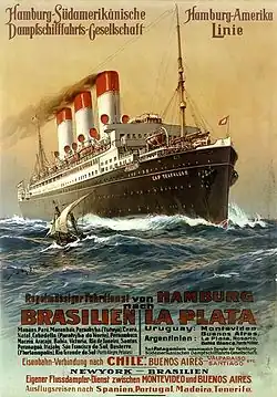 Cartel (ca.&nbsp;1913). El SMS Cap Trafalgar, de la línea Hamburgo-Sudamérica.