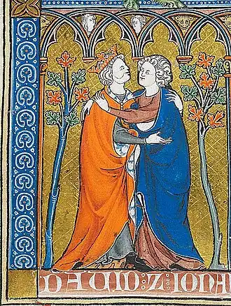 David y Jonatán, La Somme le Roi, miniatura gótico-francesa, 1300. British Library, Londres